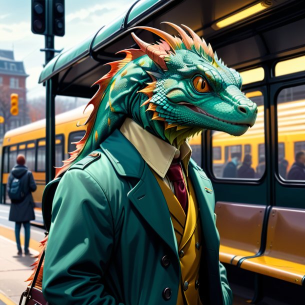 Drawing of a basilisk in a coat on the bus stop