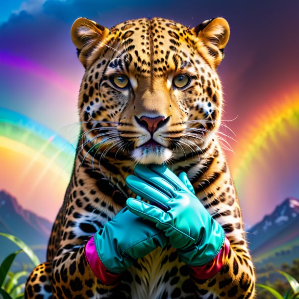 Image of a leopard in a gloves on the rainbow