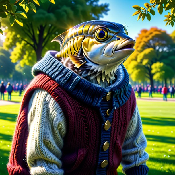 Image of a sardines in a sweater in the park