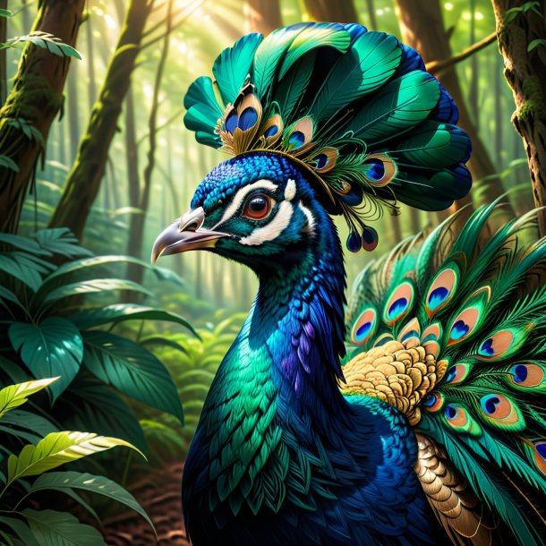 Illustration of a peacock in a cap in the forest