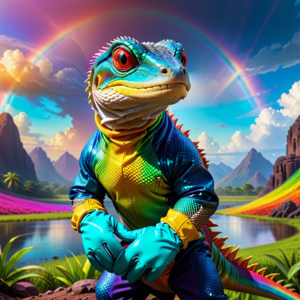 Picture of a monitor lizard in a gloves on the rainbow