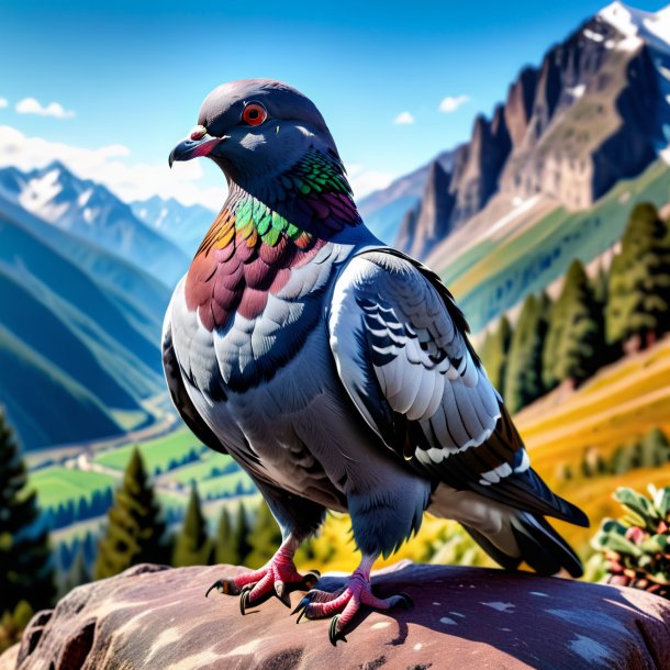 Image of a pigeon in a jeans in the mountains