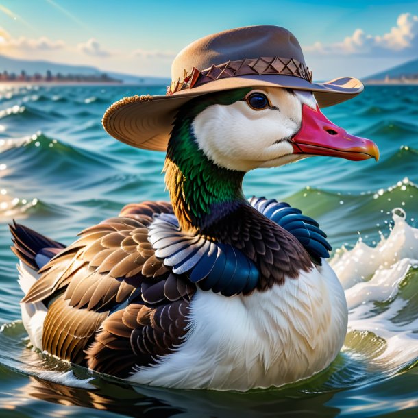 Pic of a goose in a hat in the sea