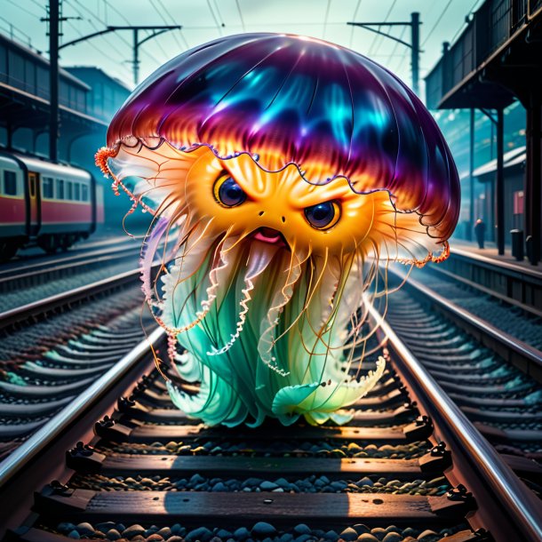 Image of a angry of a jellyfish on the railway tracks