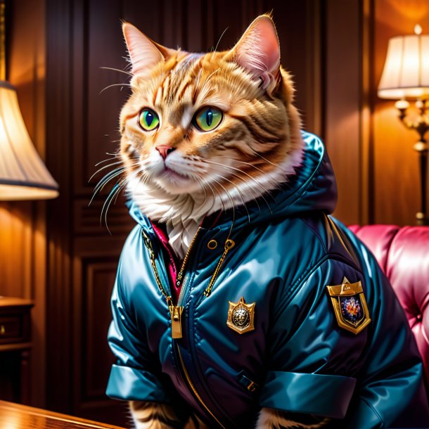 Picture of a cat in a jacket in the house