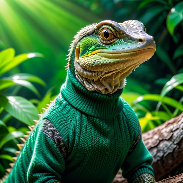 Photo of a monitor lizard in a green sweater