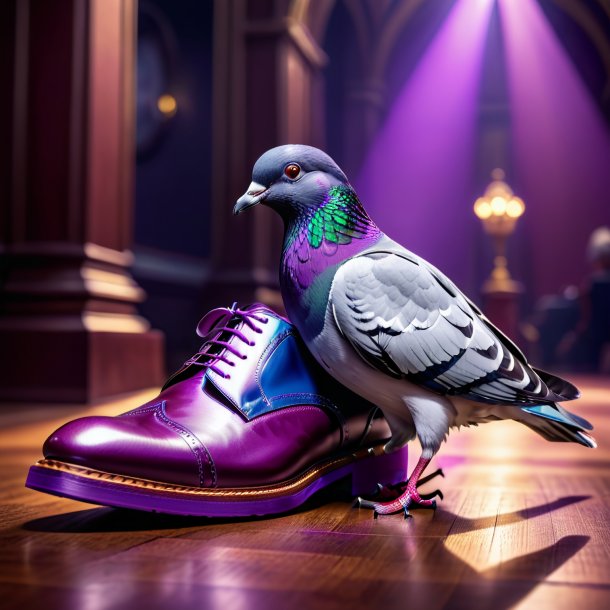 Picture of a pigeon in a purple shoes