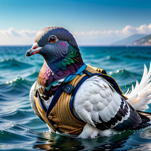 Image of a pigeon in a vest in the sea