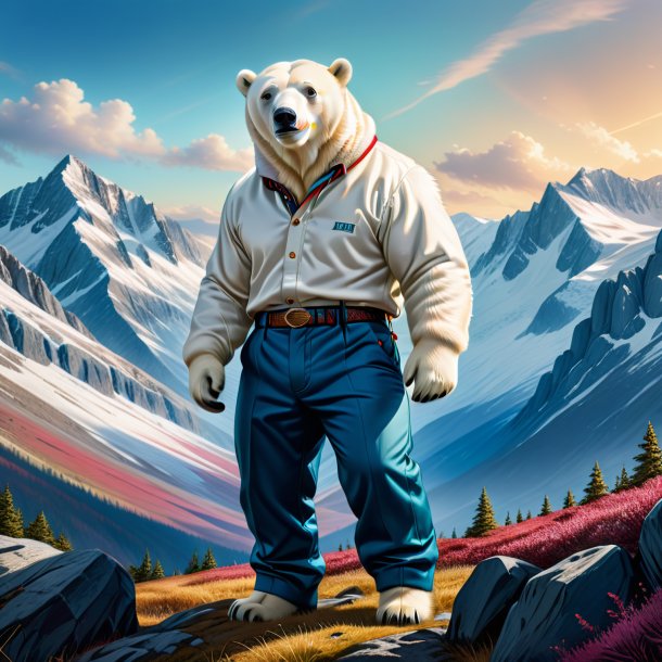 Drawing of a polar bear in a trousers in the mountains