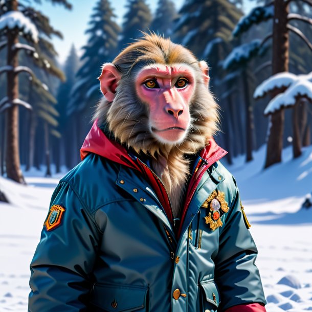 Pic of a baboon in a jacket in the snow