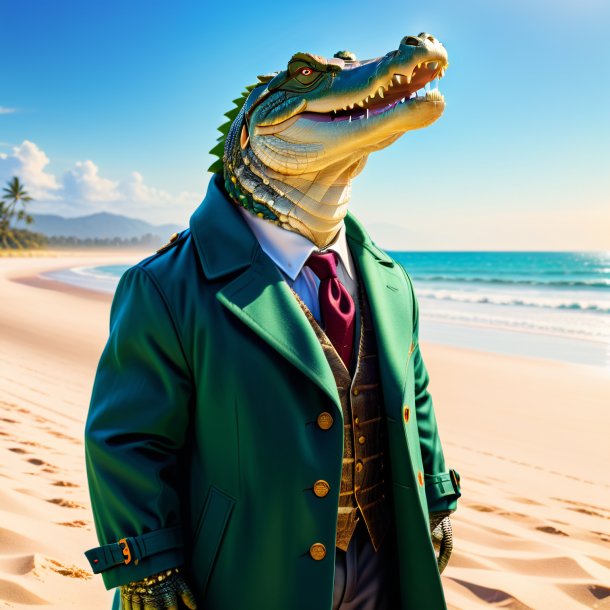 Image of a crocodile in a coat on the beach