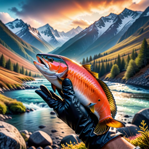 Image of a salmon in a gloves in the mountains