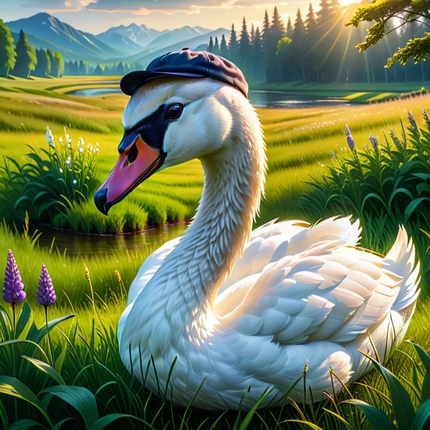 Dessin d'un cygne dans une casquette dans la prairie