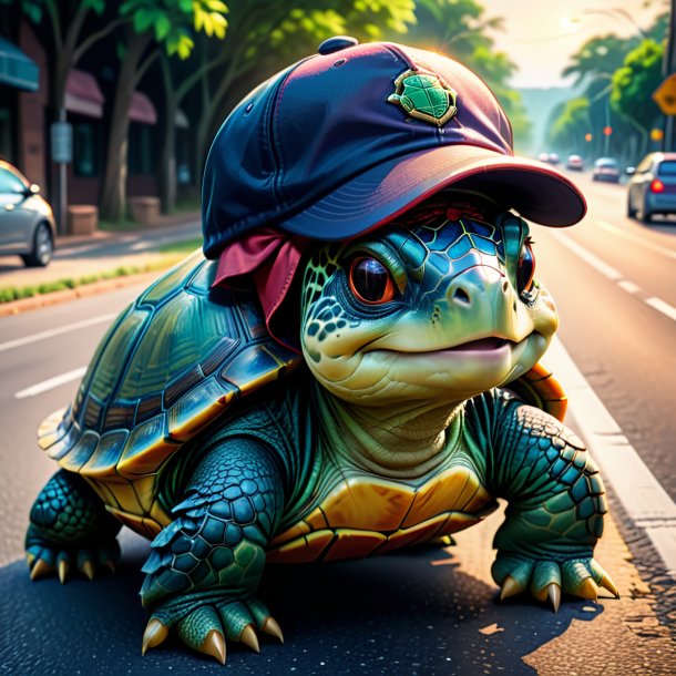 Drawing of a turtle in a cap on the road