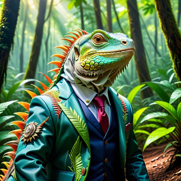 Imagen de una iguana en una chaqueta en el bosque