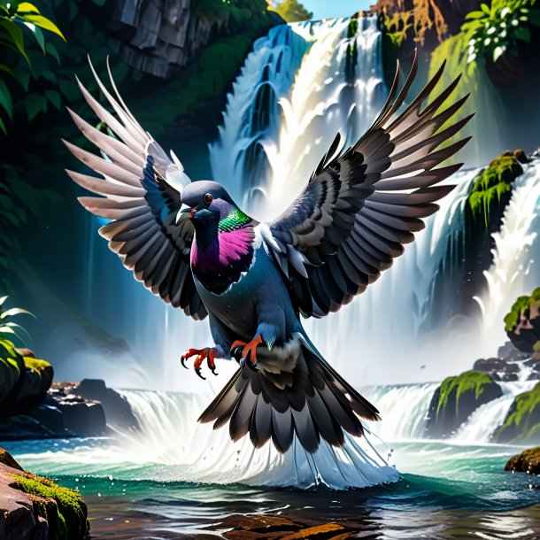 Picture of a angry of a pigeon in the waterfall