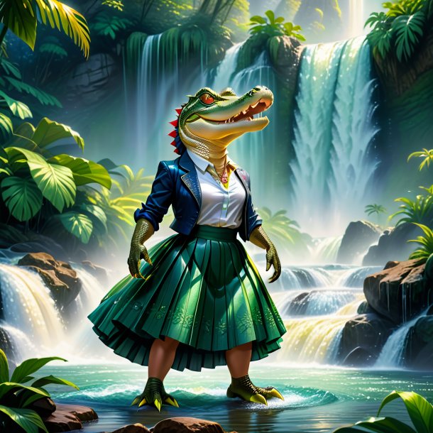 Illustration of a alligator in a skirt in the waterfall