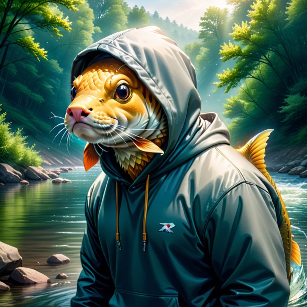 Illustration of a carp in a hoodie in the river