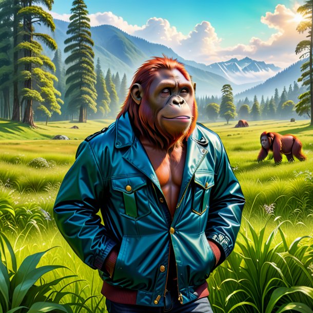 Drawing of a orangutan in a jacket in the meadow