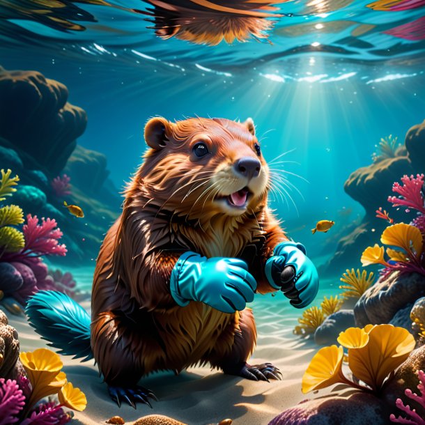 Picture of a beaver in a gloves in the sea