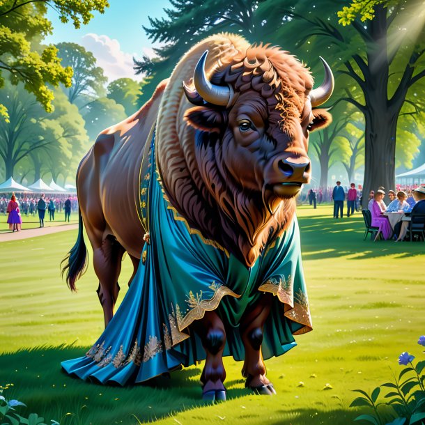 Illustration of a bison in a dress in the park