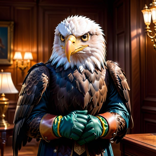 Photo of a eagle in a gloves in the house