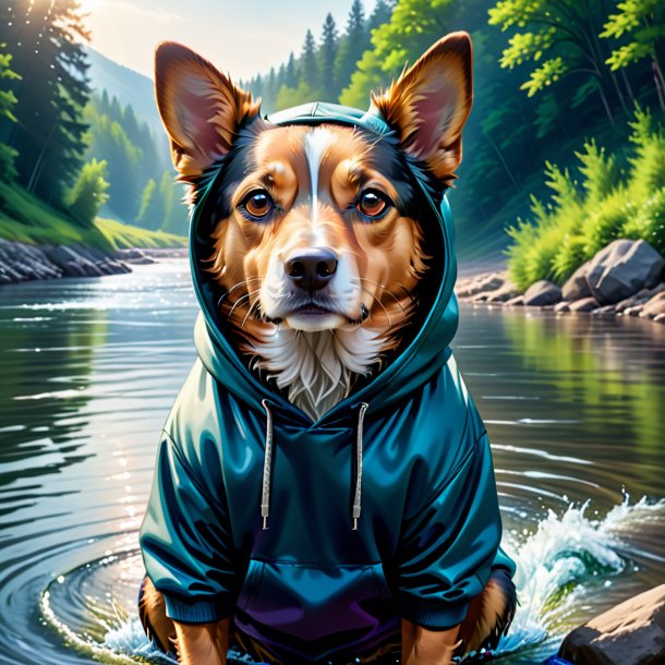 Illustration of a dog in a hoodie in the river