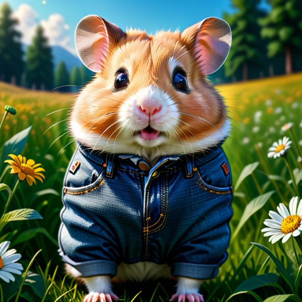 Drawing of a hamster in a jeans in the meadow