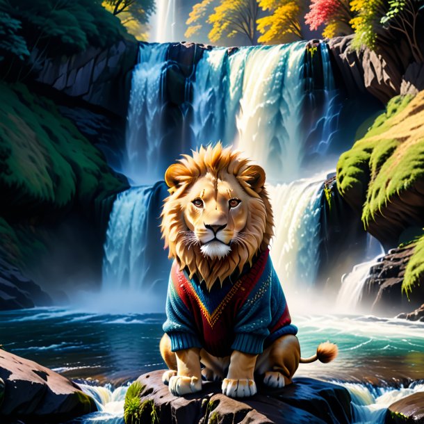 Photo of a lion in a sweater in the waterfall