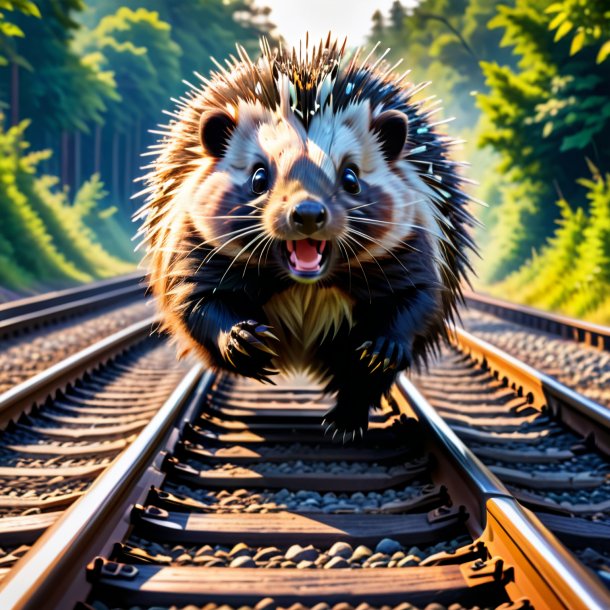 Pic of a jumping of a porcupine on the railway tracks