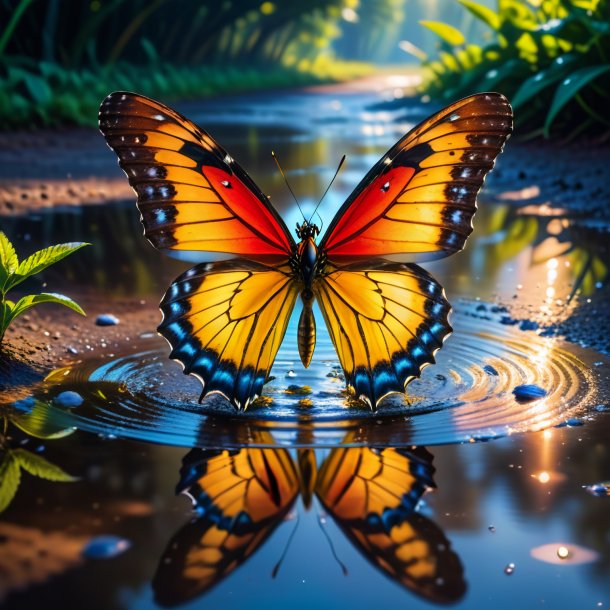 Photo of a dancing of a butterfly in the puddle