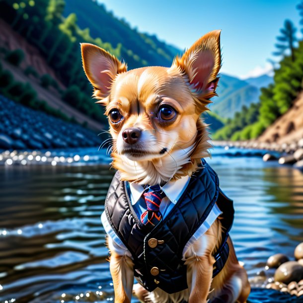 Imagen de un chihuahua en un chaleco en el río