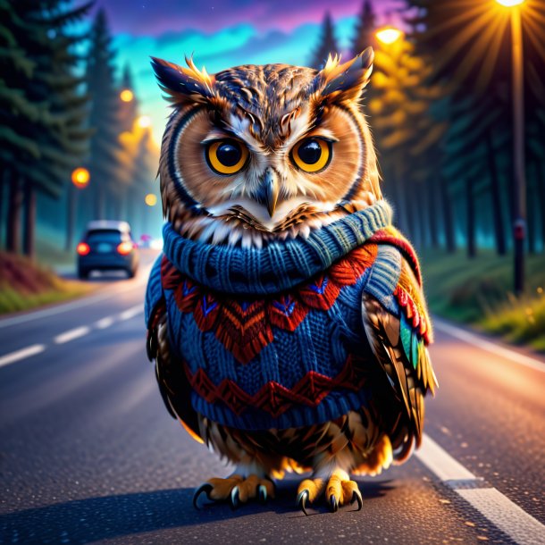 Photo of a owl in a sweater on the road