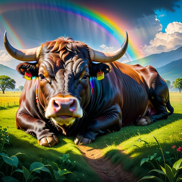 Image of a sleeping of a bull on the rainbow