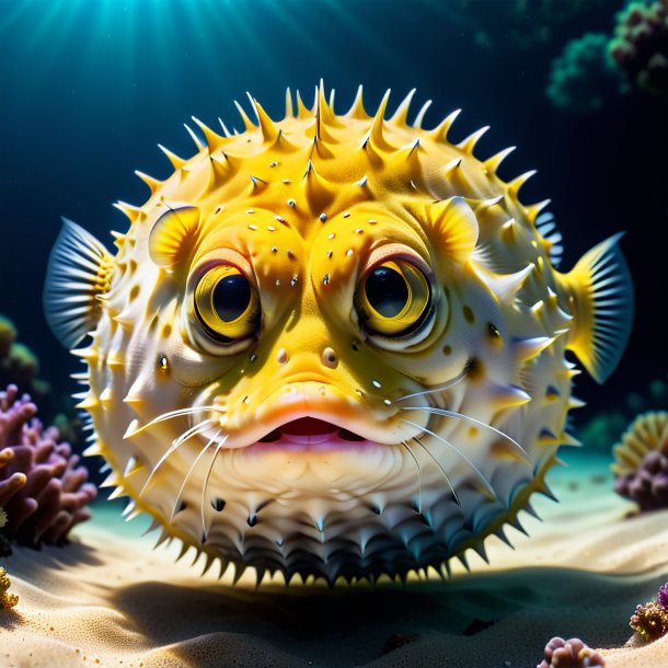 Picture of a pufferfish in a yellow gloves