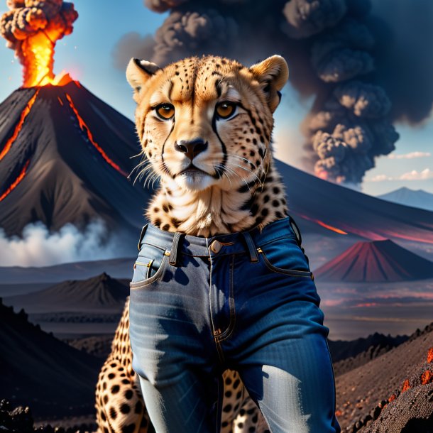 Photo of a cheetah in a jeans in the volcano