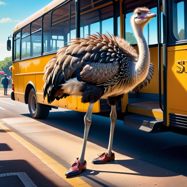 Image of a ostrich in a shoes on the bus stop