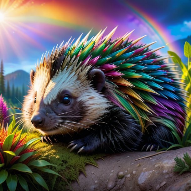 Photo of a sleeping of a porcupine on the rainbow