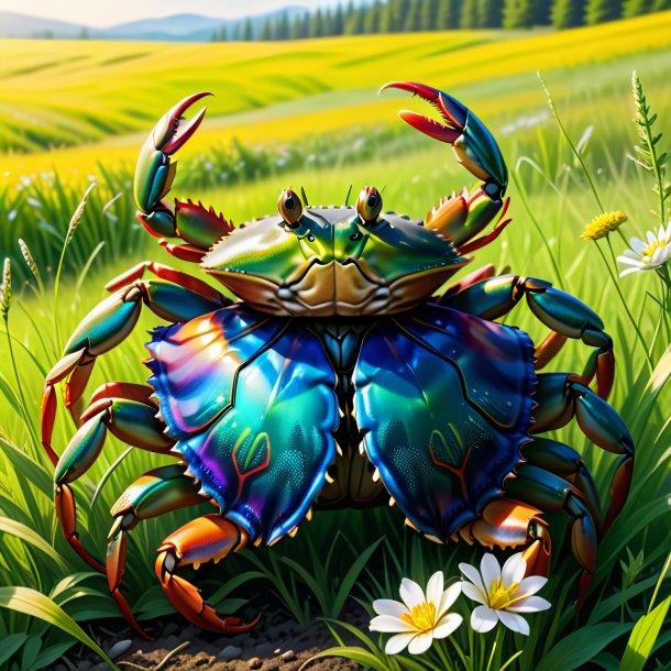 Drawing of a crab in a vest in the meadow