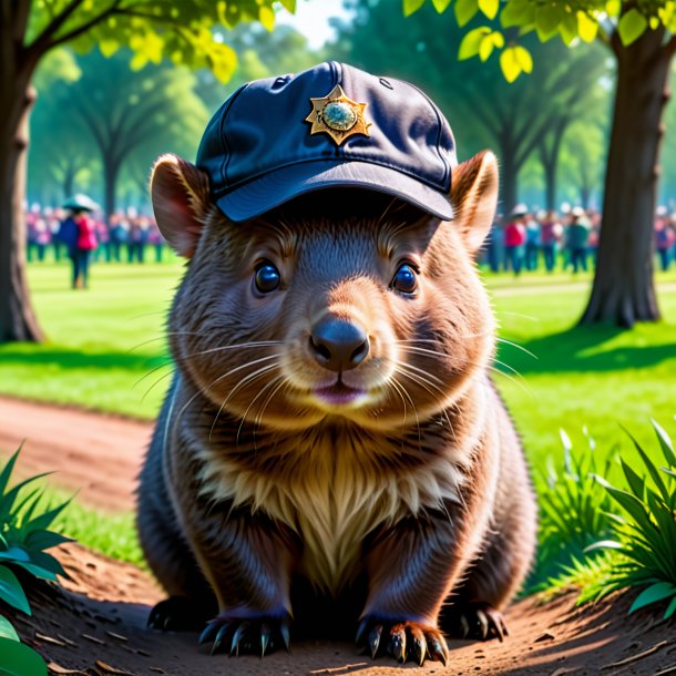 Photo of a wombat in a cap in the park