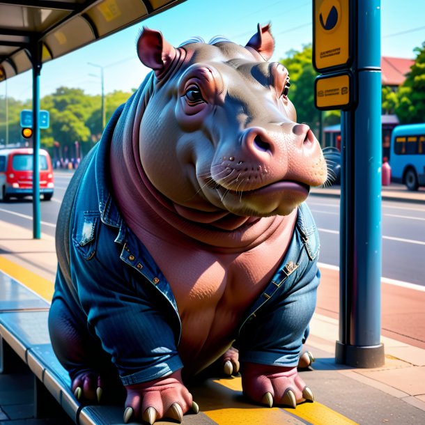 Foto de um hipopótamo em um jeans no ponto de ônibus