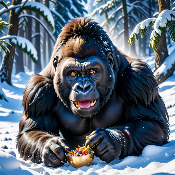 Image of a eating of a gorilla in the snow