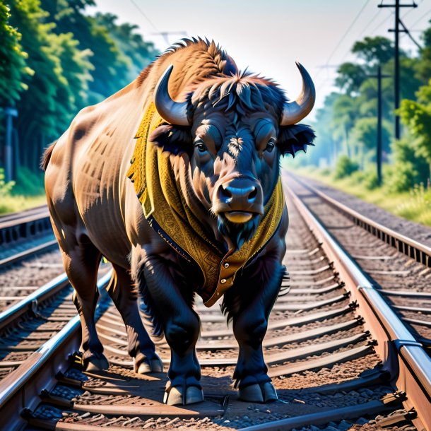 Image of a buffalo in a vest on the railway tracks