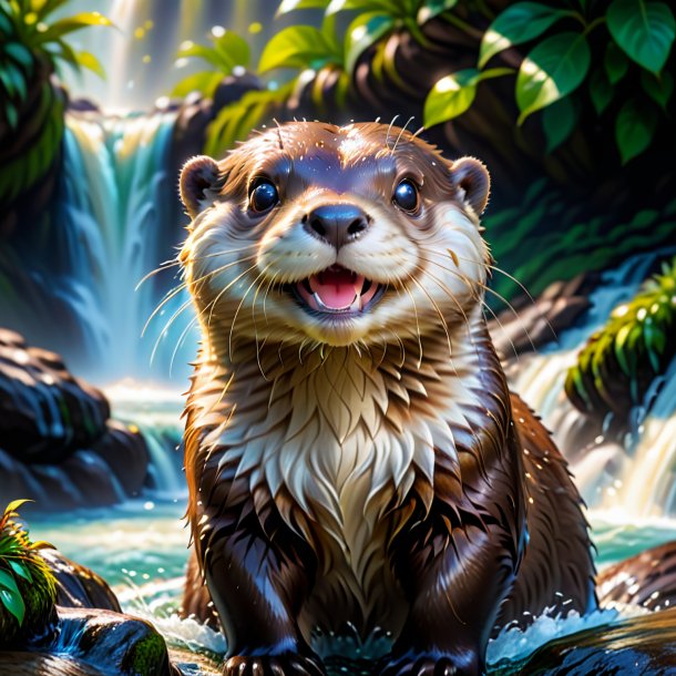 Picture of a smiling of a otter in the waterfall