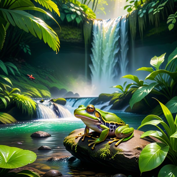 Image of a resting of a frog in the waterfall