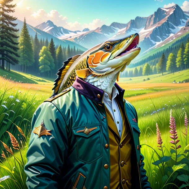 Drawing of a pike in a jacket in the meadow