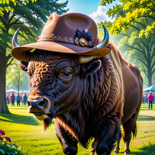 Photo d'un bison dans un chapeau dans le parc