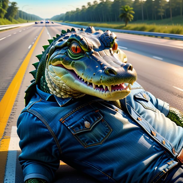 Drawing of a alligator in a jeans on the highway