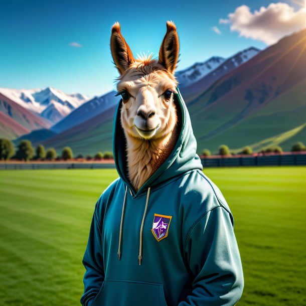 Imagem de uma lhama em um hoodie no campo