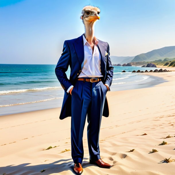 Image of a ostrich in a trousers on the beach